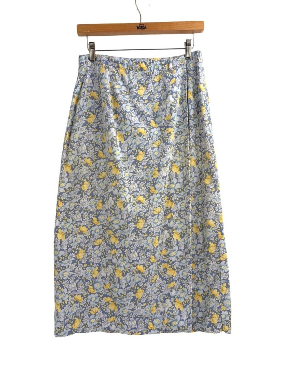 Vintage Talbots Womens Size 8P Floral Midi Wrap Skirt Blue Yellow Cottagecore